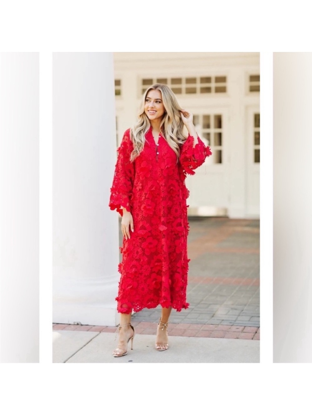 Red 3D Floral Midi Dress with Lace Overlay - Picture 3 of 9